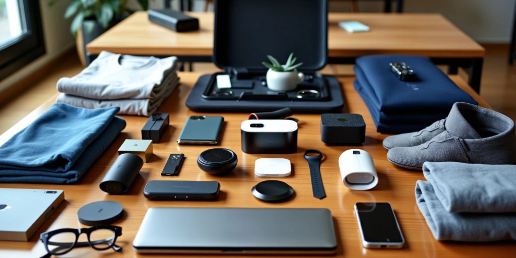 Variety of products on a wooden table.