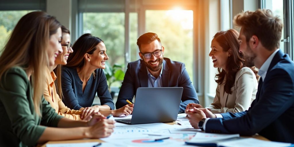 Diverse team collaborating in a bright office environment.