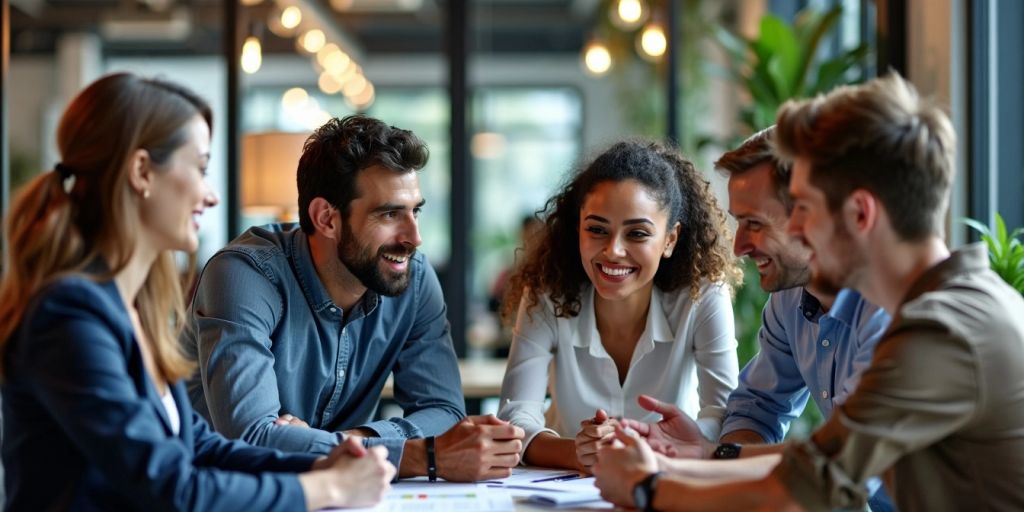 Group of professionals collaborating in a modern office setting.