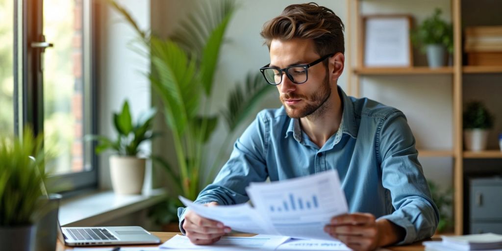 Small business owner examining financial documents in an office.