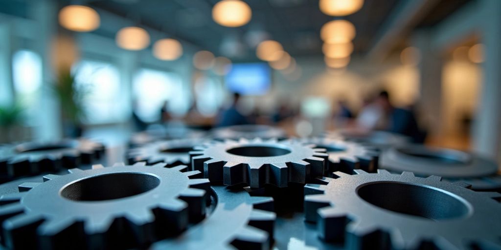 Close-up of interlocking gears in a modern office.